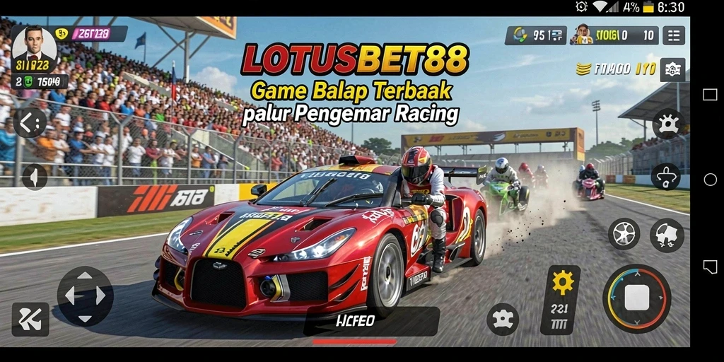 Tampilan gameplay LOTUSBET88 dengan mobil balap di lintasan.