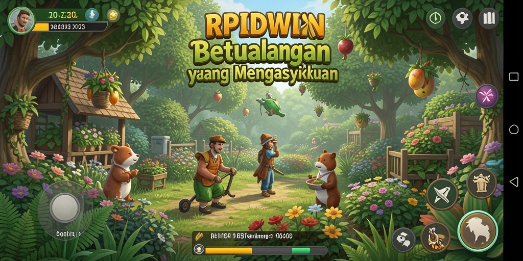 Gameplay RPIDWIN yang menampilkan ladang subur dan beragam tanaman.