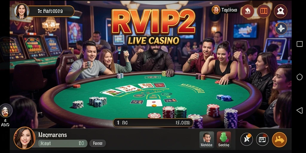 Screenshot dari gameplay Live Casino di RVIP2 yang menampilkan dealer dan pemain.