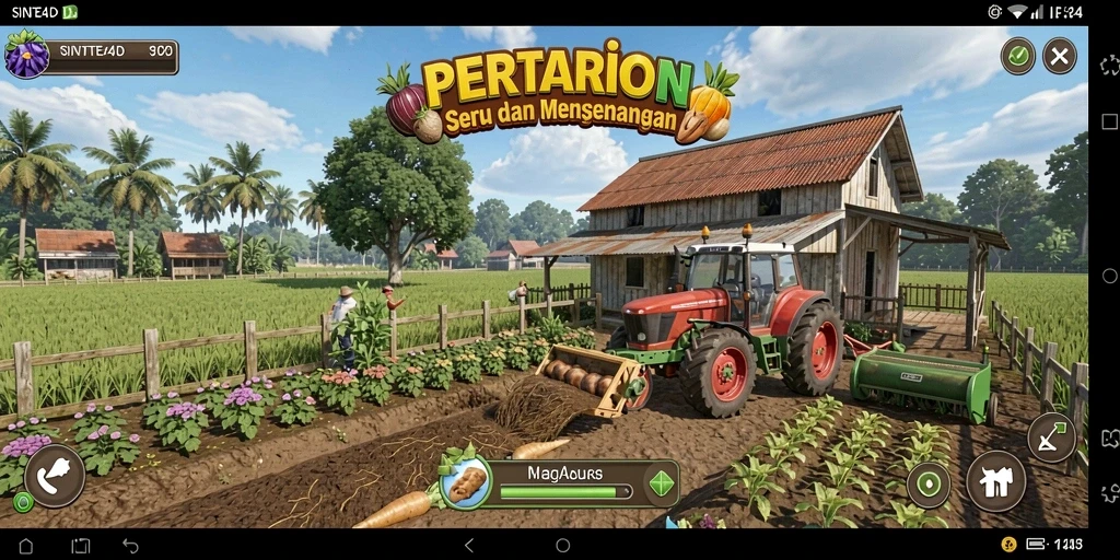 Screenshot gameplay SINTE4D menampilkan aktivitas bertani yang seru dan interaksi sosial.