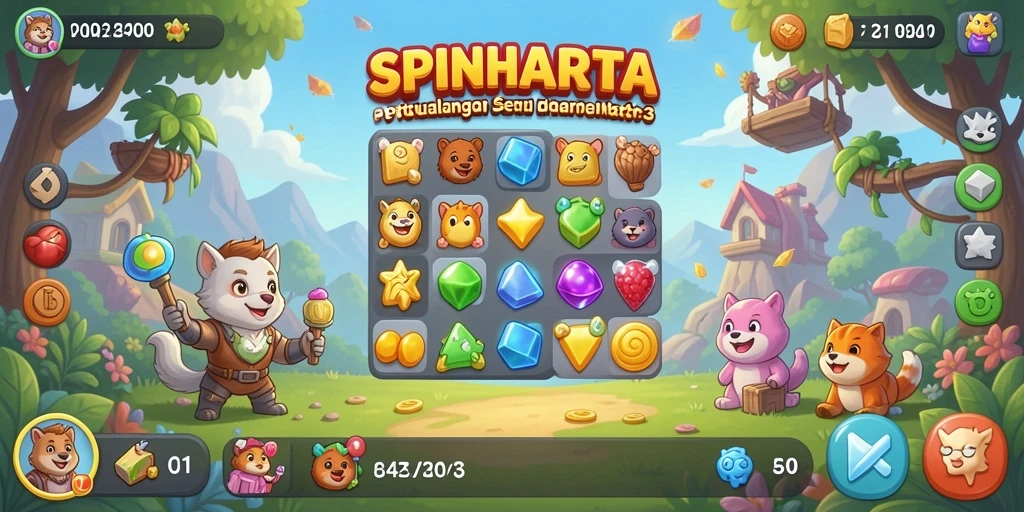 Screenshot gameplay SPINHARTA dengan elemen Match-3 yang berwarna-warni.