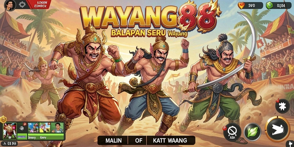 Screenshot utama WAYANG88 menampilkan aksi balap seru dengan karakter wayang.