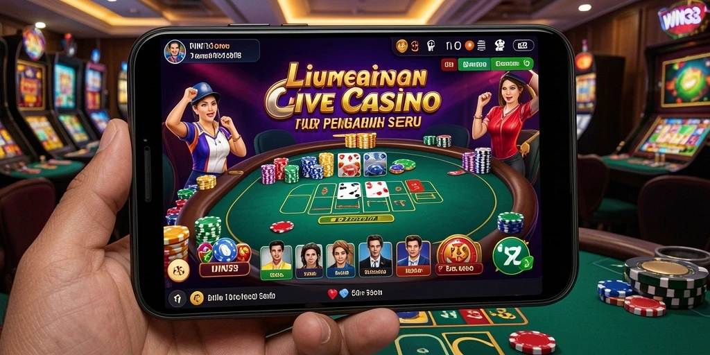 Tampilan screenshot gameplay WIN33 yang menarik dengan dealer dan pemain aktif.
